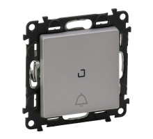 Механизм выключателя кнопочный 1-кл. Valena Life 6А 250В с подсветкой безвинт. зажимы с лиц. панелью с символом звонок алюм. Leg 752316