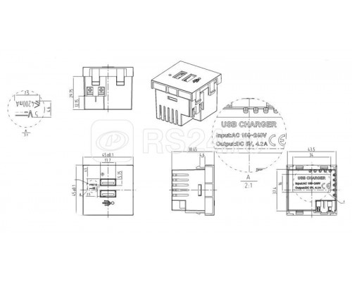 Модуль M45-USBCH2-WH розетки USB для зарядки 2 порта 2М 2.1А 5В 45х45мм бел. Hyperline 250097