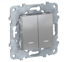 Переключатель 2-кл. 2мод. СП Unica New IP21 (2х(сх. 6а)) с подсветкой алюм. SchE NU521330N