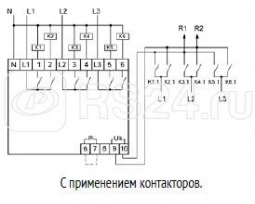 Переключатель фаз PF-452 (два выхода для питания нагрузки; с регулируемыми верхними (230-260) и нижними (150-210) значениями напряжения переключения; монтаж на DIN-рейке 35мм 3х400/230+N 6х16A IP20) F&F EA04.005.004
