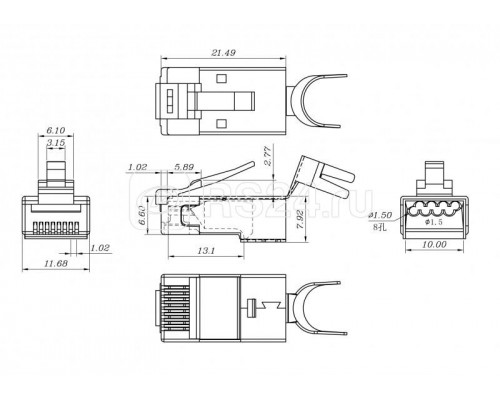 Разъем PLUG-8P8C-UV-C6-TW-SH-10 RJ45 (8P8C) под витую пару кат. 6 (50/50 микродюйм) экранир. универс. (для ож и мж кабеля) для толстых жил 1.35-1.5 мм (с оболочкой) (уп.10шт) Hyperline 49340