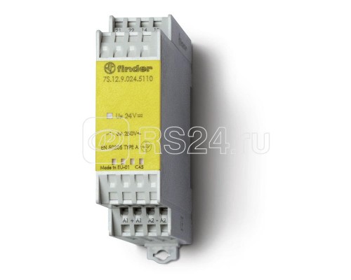 Реле безопасности модульное электромеханич. (реле с принудительным управлением контактами) 1NO+1NC 6А AgNi+Au 12В DC безвинт. клеммы 22.5мм IP54 FINDER 7S1290125110PAS
