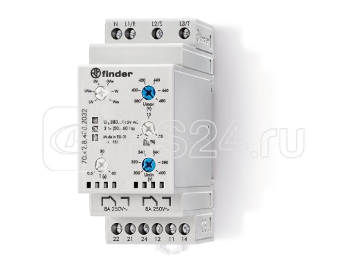Реле контрольное для 3-фазных сетей пониженное/повышенное напряжение обрыв/чередование/асимметрия фаз контроль нейтрали настраиваемые диапазоны выход 2CO 8А 35мм IP20 FINDER 704284002032PAS