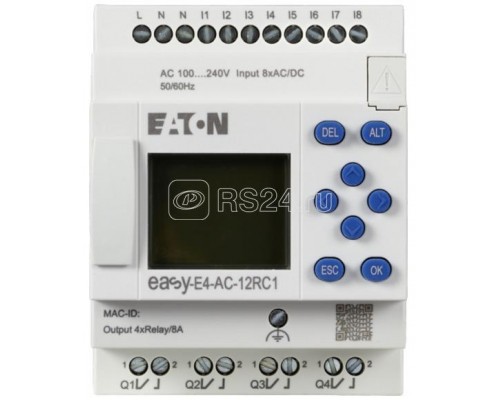 Реле программируемое EASY-E4-AC-12RC1 100/240В AC/DC цифровые 8 DI 4DO реле 8А дисплей+клавиатура часы реального времени Ethernet RJ45 EATON 197215