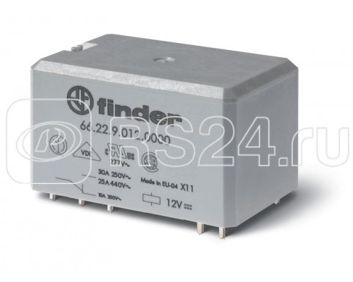 Реле силовое электромеханич. монтаж на печатную плату раздвоен. выводы 2NO 30А AgCdO 12В DC RTII УХЛ4 опции: нет FINDER 662290120300PAS