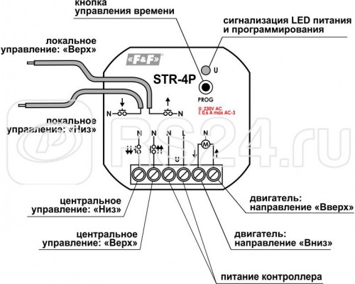 Реле управления ролетами STR-4P (групповое локальное управление 24В DC установка в монтажную коробку d60мм 6А IP20) F&F EA14.003.004