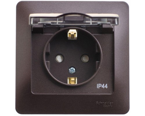 Розетка 1-м СП Glossa 16А IP44 с защ. крышкой защ. шторки с заземл. в сборе шоколад SchE GSL000848