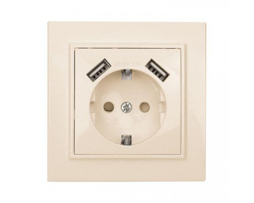 Розетка 1-м СП Минск 16А защ. шторки с заземл. с 2 USB 2.1А беж. EKF ERR16-028-200-2USB