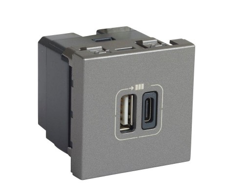 Розетка 2мод. USB-C+USB-A Mosaic для зарядки алюм. Leg 079392