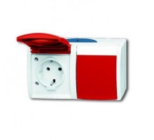 Розетка Schuko 2-м ОП Ocean 16А 250В с красной крышкой IP44 сер./сине-зел. ABB 2CKA002084A0700