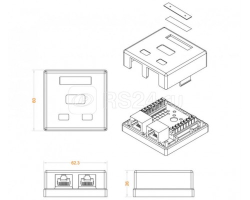 Розетка компьютерная RJ-45(8P8C) кат. 6 двойн. внеш. Dual IDC SB1-2-8P8C-C6-WH Hyperline 430235