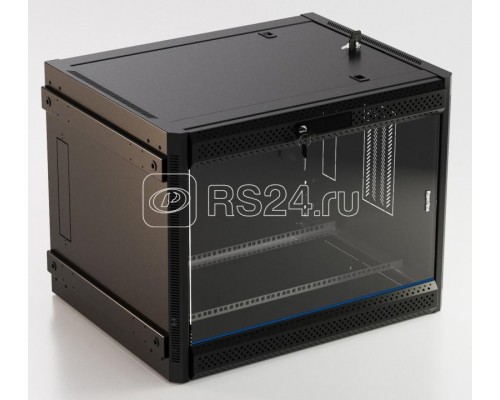 Шкаф настенный TWB-FC-2245-GP-RAL9004 19дюйм. 22U 1086х600х450мм стекл. дверь с перфорацией по бокам ручка с замком с возмож. установки на ножки черн. (разобранный) Hyperline 395578