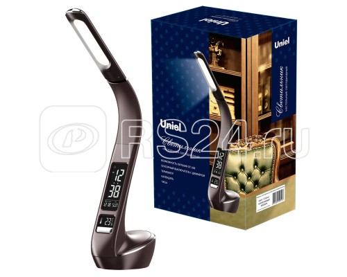 Светильник настольный TLD-566 Brown/LED/300Lm/4500K/Dimmer с часами календарем термометром 6Вт сенсорный выкл. Uniel UL-00006769
