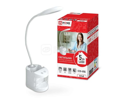 Светильник светодиодный настольный ССО-05Б 5Вт сенсор-диммер с органайзером USB бел. IN HOME 4690612025582