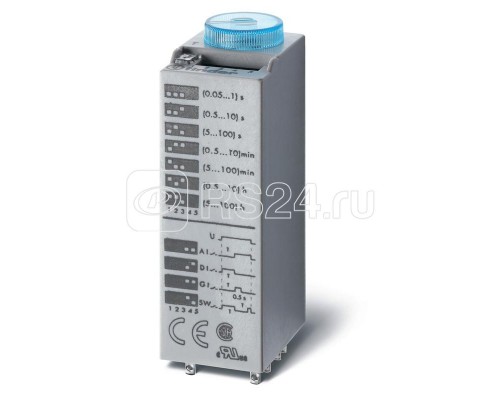 Таймер миниатюрный мультифункциональный (AI DI SW GI) монтаж в розетку 125В AC/DC 2CO 10А регулировка времени 0.05с100ч IP40 в комплекте металлич. клипса 094.81 FINDER 850201250000