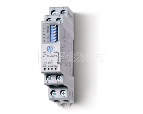 Таймер модульный мультифункциональный (AI DI SW SP BE DE EEb) функции SET RESET 12240В AC/DC 1CO 16А 17.5мм регулировка времени 0.1с10ч IP20 версия для ЖД-транспорта FINDER 810102300000T
