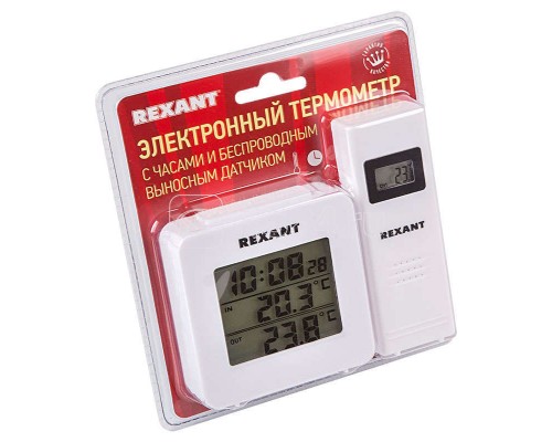 Термометр электронный с часами и беспроводным выносным датчиком (блист.) Rexant 70-0592