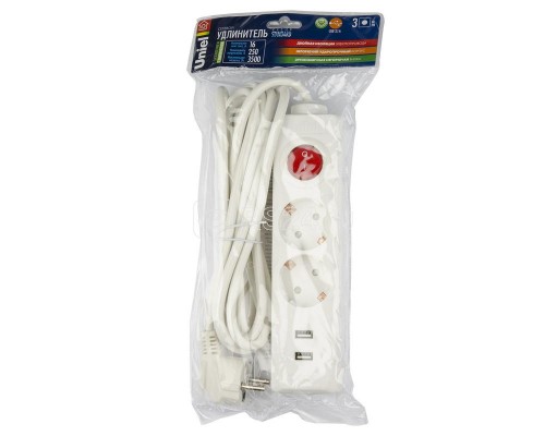 Удлинитель 2х3м с заземл. S-GCD2-3BU WHITE Standart 2USBх2.1А бел. Uniel UL-00006677