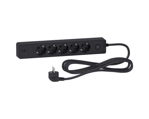 Удлинитель UNICA EXTEND 5 розеток 2К+З кабель 3м 2 USB черн. SchE ST945U3B