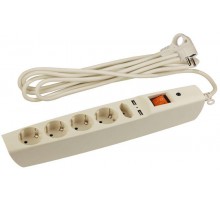 Удлинитель с сетевым фильтром 5х2м SFU-5es-2m-I 5гн+2хUSB с заземл. защ. шторки с выкл. ПВС 3х0.75 сл. кость ЭРА C0043328