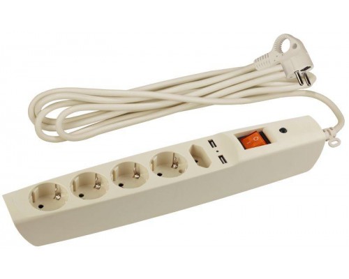 Удлинитель с сетевым фильтром 5х2м SFU-5es-2m-I 5гн+2хUSB с заземл. защ. шторки с выкл. ПВС 3х0.75 сл. кость ЭРА C0043328