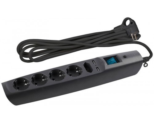 Удлинитель с сетевым фильтром 5х2м с заземл. 10А IP20 SFU-5es-2m-B 5гн+2хUSB защ. шторки с выкл. ПВС 3х0.75 черн. ЭРА C0043326