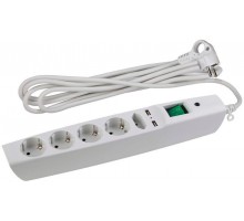 Удлинитель с сетевым фильтром 5х2м с заземл. 10А IP20 SFU-5es-2m-W 5гн+2хUSB защ. шторки с выкл. ПВС 3х0.75 бел. ЭРА C0043327
