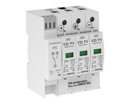 Устройство защиты от импульсных перенапр. УЗИП для фотогальванических сетей 3 пол. (Класс II)1000В V20-C 3PHFS-1000 OBO 5094574