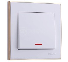 Выключатель 1-кл. СП Рейн 10А IP20 с подсветкой с зол. боковой вставкой бел. LEZARD 703-0226-111