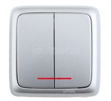 Выключатель 2-кл. ОП Альфа 10А IP20 250В с индикацией с изолир. пластиной серебр. HEGEL ВА10-154-06