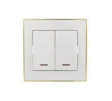 Выключатель 2-кл. СП Рейн 10А IP20 с подсветкой с зол. боковой вставкой бел. LEZARD 703-0226-112