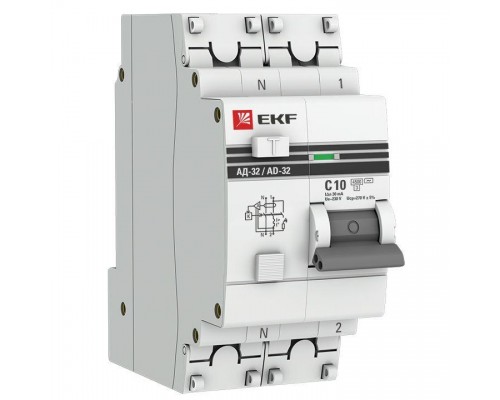 Выключатель автоматический дифференциального тока 1п+N 2мод. C 10А 30мА тип AC 4.5kA АД-32 PROxima EKF DA32-10-30-pro