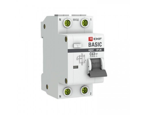 Выключатель автоматический дифференциального тока 1п+N C 63А 30мА тип АС эл. 4.5кА АД-12 Basic EKF DA12-63-30-bas