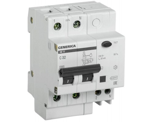 Выключатель автоматический дифференциального тока 2п 32А 30мА АД12 GENERICA ИЭК MAD15-2-032-C-030