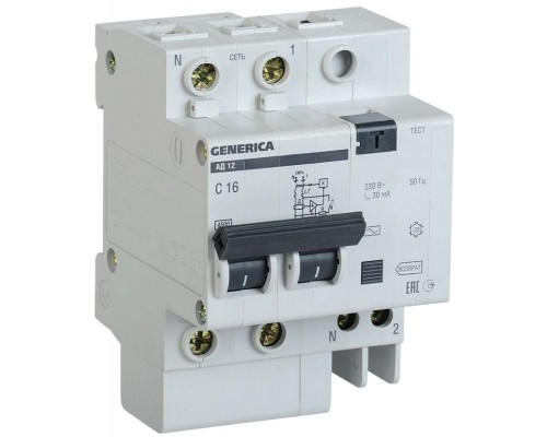 Выключатель автоматический дифференциального тока 2п 50А 30мА АД12 GENERICA ИЭК MAD15-2-050-C-030