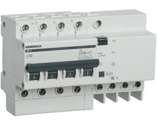 Выключатель автоматический дифференциального тока 4п 63А 100мА АД14 GENERICA ИЭК MAD15-4-063-C-100