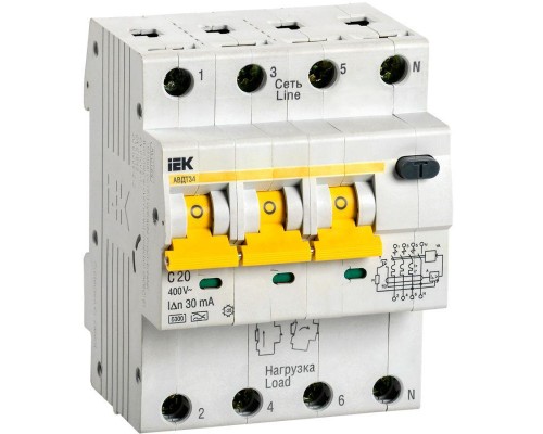 Выключатель автоматический дифференциального тока 4п C 20А 30мА тип A 6кА АВДТ-34 ИЭК MAD22-6-020-C-30