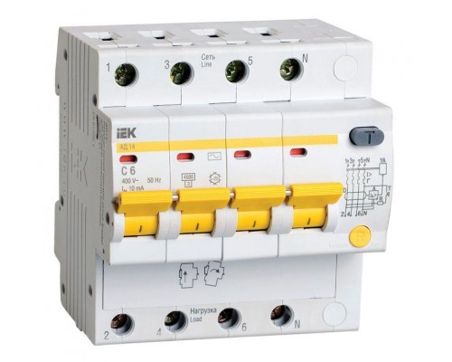 Выключатель автоматический дифференциального тока 4п C 6А 10мА тип AC 4.5кА АД-14 ИЭК MAD10-4-006-C-010