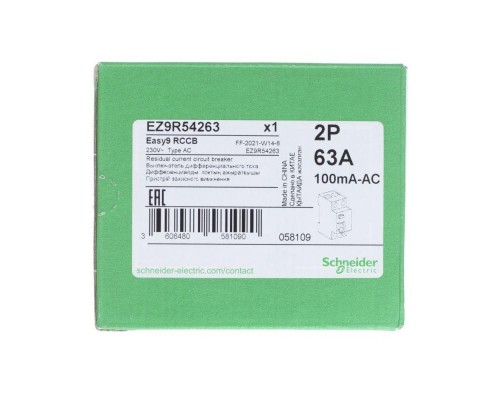 Выключатель дифференциального тока (УЗО) 2п 63А 100мА тип AC EASY9 230В SchE EZ9R54263