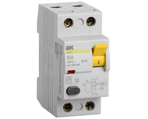 Выключатель дифференциального тока (УЗО) 2п 80А 100мА тип AC ВД1-63 ИЭК MDV10-2-080-100