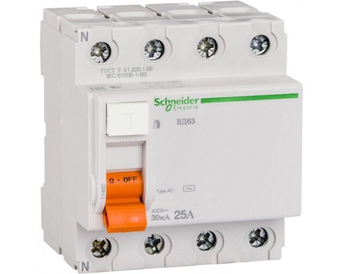 Выключатель дифференциального тока (УЗО) 4п 25А 30мА тип AC ВД63 Домовой SchE 11460