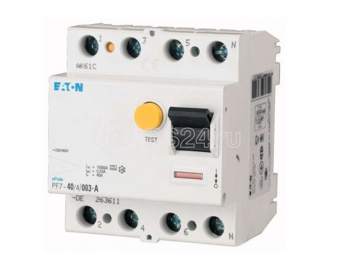 Выключатель дифференциального тока (УЗО) 4п 63А 100мА тип AC 10кА PF7 4мод. EATON 263592