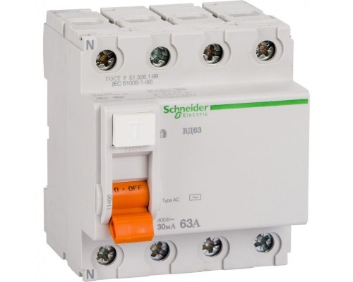 Выключатель дифференциального тока (УЗО) 4п 63А 30мА тип AC ВД63 Домовой SchE 11466