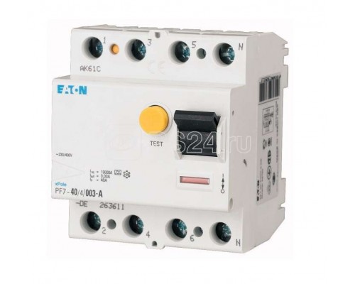 Выключатель дифференциального тока (УЗО) 4п 80А 100мА тип AC 10кА PF7 4мод. EATON 263596