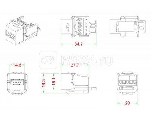 Вставка KJ1-USB-A2-SCRW-BK формата Keystone Jack USB 2.0 (Type A) под винт ROHS черн. Hyperline 251289