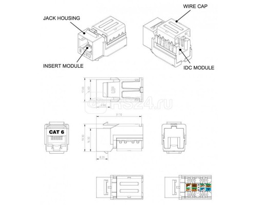 Вставка KJNE-8P8C-C6-90-BK Keystone Jack RJ45(8P8C) кат.6 110 IDC заделка с помощью NE-TOOL черн. Hyperline 222453